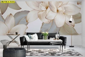 วอลเปเปอร์ภาพดอกไม้เส้นทองขนาดใหญ่ ออกแบบเพื่อห้องรับแขกทันสมัยเน้นความหรู ดูดีและถ่ายรูปสวย​