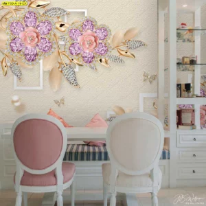 วอลเปเปอร์ผ้าแคนวาสลายดอกอัญมณีสีชมพูม่วง สำหรับตกแต่งมุมพักผ่อนหรือมุมจิบน้ำชาในร้านสปา คาเฟ่