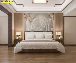 วอลเปเปอร์ภาพศิลปะหรูโทนสว่าง และงานประติมากรรมทรงโค้งเฉดขาวทอง ติดผนังห้องนอนสไตล์โมเดิร์น สร้างบรรยากาศหรูหรา เงียบสงบ และเพิ่มมิติให้พื้นที่ใช้งานอย่างลงตัว