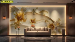 วอลเปเปอร์ดอกไม้โทนทองครีมเต็มผนังห้องรับแขก สไตล์โมเดิร์นลักชัวรี เหมาะกับเจ้าของบ้านและคอนโดที่ต้องการบรรยากาศหรูอบอุ่น