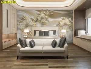 ภาพงานศิลปะติดผนังวอลเปเปอร์ลายดอกไม้เพชรสีครีมและทองอร่ามบนพื้นผ้าไหมซาตินอ่อนโยน สร้างบรรยากาศหรูหราโรแมนติกสำหรับตกแต่งผนังห้องนอน