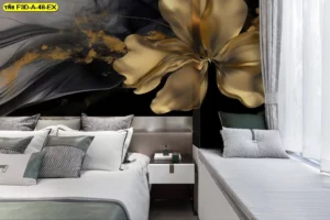 วอลเปเปอร์ดอกไม้โทนสีทองดำสามมิติ เหมาะสำหรับตกแต่งหัวเตียงห้องนอนโรงแรมหรือห้องพักบูทิค สร้างบรรยากาศหรูหราทันสมัยโดดเด่น ดึงดูดสายตาด้วยดีไซน์ร่วมสมัย