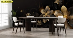 วอลเปเปอร์ดอกไม้สีทองบนพื้นดำแต่งผนังห้องรับแขกหรือห้องประชุมให้ดูหรูมีเสน่ห์ ช่วยขับเฟอร์นิเจอร์โทนไม้เข้มและเก้าอี้สีอ่อนให้เด่นขึ้น เหมาะกับบ้านและออฟฟิศที่ต้องการบรรยากาศอบอุ่นมีเอกลักษณ์​