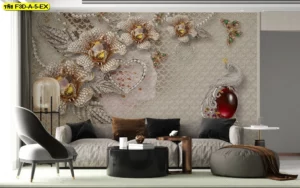 วอลเปเปอร์ภาพดอกไม้อัญมณีและนกยูง สร้างมิติหรูหราละเมียดละไมให้ห้องรับรอง ด้วยดีไซน์ละเอียดและวัสดุพรีเมียมสำหรับสถานที่บริการครบจบ