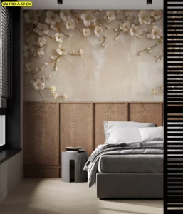 วอลเปเปอร์ลายดอกไม้สีทองครีมสามมิติ เหมาะสำหรับตกแต่งห้องนอนโรงแรมหรูหรือห้องพักแบบบูทิค เน้นบรรยากาศผ่อนคลายและดีไซน์ร่วมสมัย เพิ่มเสน่ห์พื้นที่พักผ่อน