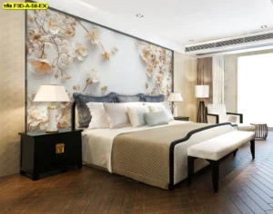 วอลเปเปอร์ภาพดอกไม้ 3D เฉดขาวทอง ผลงานดีไซน์ติดผนังห้องนอนสร้างความหรูหราและมิติใหม่ของงานศิลปะ​