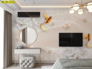 วอลเปเปอร์ภาพดอกไม้ศิลปะ 3D โทนขาวทอง ที่ผสมผสานกลีบดอกไม้สีขาวและสายลายลูกไม้ เพิ่มความหรูหราให้ผนังห้องนอนหรือห้องแต่งตัว ให้ความรู้สึกสบายตาและพิเศษสุดในทุกมุมห้อง