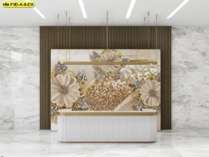 วอลเปเปอร์สั่งพิมพ์ลายดอกไม้เพชรโทนสีทองบนพื้นหินอ่อน เหมาะสำหรับเคาน์เตอร์ต้อนรับลูกค้าในคลินิกหรือร้านบูติกเพื่อยกระดับภาพลักษณ์