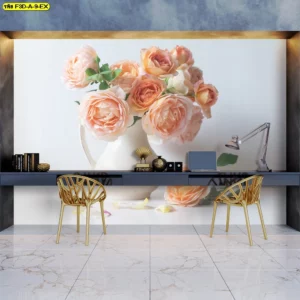 ภาพพิมพ์วอลเปเปอร์ดอกไม้ สำหรับตกแต่งผนังห้องทำงาน ห้องประชุม หรือพื้นที่ธุรกิจโรงแรม ให้บรรยากาศดูสดชื่น สะอาดตา และโดดเด่นด้วยลายดอกกุหลาบสีพีช