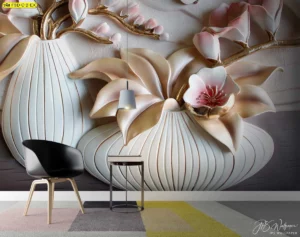วอลเปเปอร์ 3D ดอกไม้แจกันหรู สีโมเดิร์น เน้นความทันสมัยสำหรับมุมรับรองหรือโซนรอ เสริมบรรยากาศอบอุ่นและโดดเด่นในพื้นที่ธุรกิจ