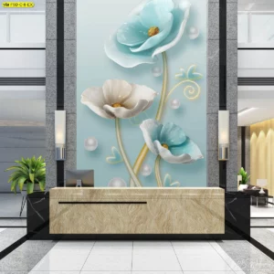 งานศิลปะวอลเปเปอร์ 3D ดอกไม้ฟ้า-ขาว เสริมความสดใส โล่งโปร่งแบบหรูหรา เหมาะสำหรับห้องประชุมหรือโถงต้อนรับของรีสอร์ท