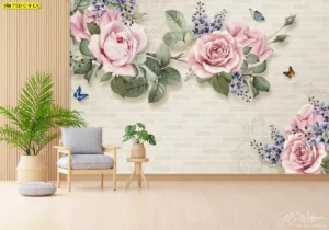 วอลเปเปอร์ลายดอกไม้สไตล์คลาสสิกหรูรูปดอกกุหลาบสามมิติบนพื้นหลังลายอิฐสีขาวช่วยสร้างมิติและความนุ่มนวลให้กับห้องพักผ่อน