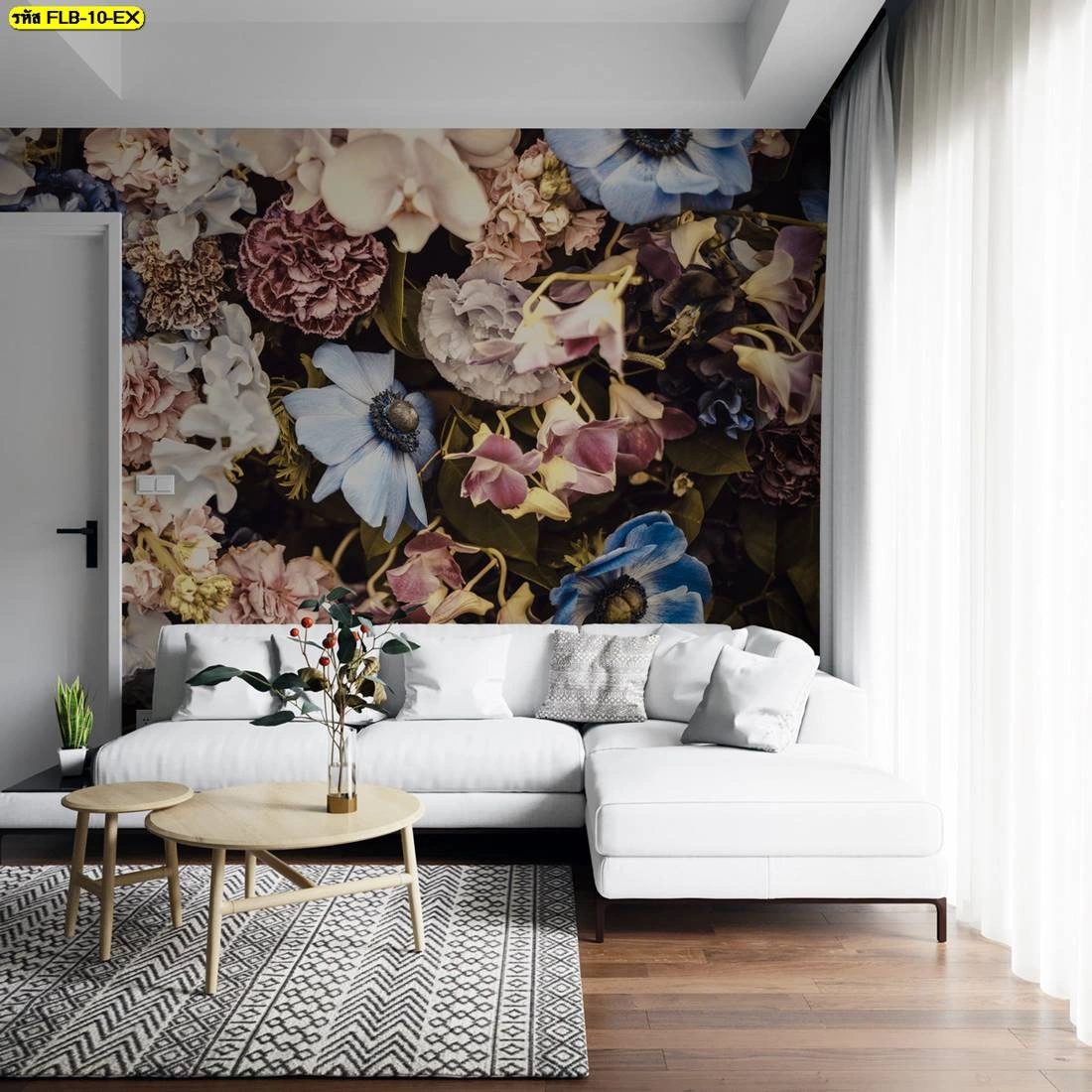 ภาพติดผนังลายดอกไม้ โทนสีกลางผสมฟ้าและชมพู ช่วยสร้างบรรยากาศสงบมีเสน่ห์แบบศิลปะโมเดิร์น เหมาะสำหรับห้องนั่งเล่นและห้องคอนโดที่ต้องการความโดดเด่น