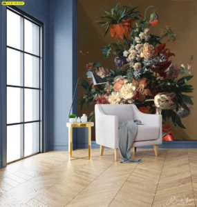 ภาพจำลองห้องนั่งเล่นตกแต่งด้วยวอลเปเปอร์ลายดอกไม้จัดแจกันสไตล์วินเทจพื้นหลังสีน้ำตาลให้ความรู้สึกอบอุ่นหรูหราและมีระดับ