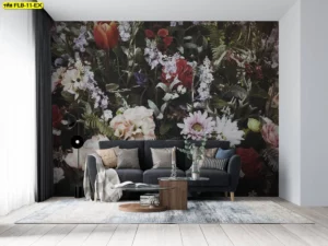 วอลเปเปอร์ดอกไม้ ดีไซน์จัดเต็มเหมือนงานดอกไม้จริง เพิ่มความลึกให้ผนังดูมีชีวิต สร้างความอบอุ่นและความหรูหราสำหรับห้องนั่งเล่นหรือพื้นที่พักผ่อน