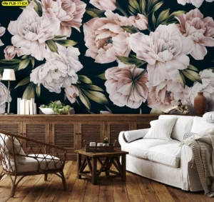 วอลเปเปอร์ลายโบตั๋น โทนสีอ่อนบนพื้นเข้ม ช่วยให้ห้องดูอบอุ่นและเป็นธรรมชาติ เหมาะสำหรับตกแต่งบ้านสไตล์วินเทจ โมเดิร์น หรือคาเฟ่โทนอุ่น