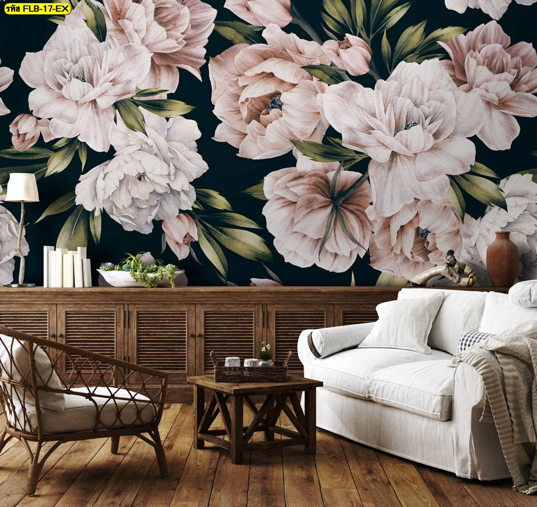 วอลเปเปอร์ลายโบตั๋น โทนสีอ่อนบนพื้นเข้ม ช่วยให้ห้องดูอบอุ่นและเป็นธรรมชาติ เหมาะสำหรับตกแต่งบ้านสไตล์วินเทจ โมเดิร์น หรือคาเฟ่โทนอุ่น