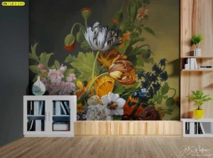 ภาพดอกทิวลิปและดอกไม้เมืองหนาวบนวอลเปเปอร์พื้นหลังสีเข้มช่วยขับเน้นเฟอร์นิเจอร์สีขาวให้ดูสะอาดตาและเพิ่มมิติให้กับห้อง