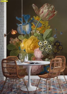 แต่งห้องสไตล์วินเทจด้วยวอลเปเปอร์ลายดอกทิวลิปและดอกกุหลาบขนาดใหญ่สีสันสวยงามเข้ากันได้ดีกับเฟอร์นิเจอร์ไม้หวายธรรมชาติ