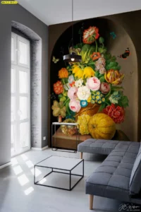 วอลเปเปอร์ภาพวาดดอกไม้และฟักทองในซุ้มประตูโค้งพื้นหลังสีเข้มตกแต่งห้องนั่งเล่นสไตล์ลอฟท์ผสมคลาสสิกให้ดูโดดเด่นไม่เหมือนใคร