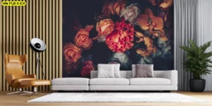 วอลเปเปอร์ลายดอกไม้โทนเข้ม สำหรับตกแต่งผนังห้องนั่งเล่น สร้างบรรยากาศหรูหรามีมิติแบบงานศิลปะพรีเมียม เหมาะกับบ้านและคอนโดสมัยใหม่