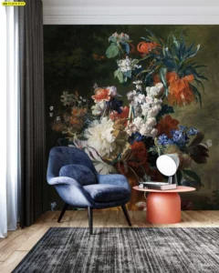ภาพติดผนังศิลปะยุโรปวินเทจดอกไม้หลากสี วอลเปเปอร์ผ้าแคนวาสแผ่นใหญ่ตกแต่งมุมพักผ่อนคู่กับเก้าอี้กำมะหยี่ ให้ความรู้สึกคลาสสิกและแพง