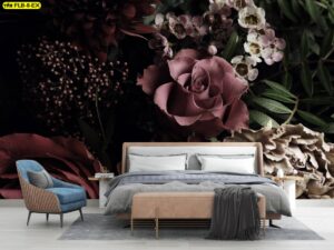 วอลเปเปอร์ลายดอกโบตั๋นพื้นหลังดำขนาดใหญ่พิเศษติดตั้งในห้องนอนเพื่อเพิ่มความโดดเด่นและความสวยงามแบบงานศิลปะร่วมสมัย