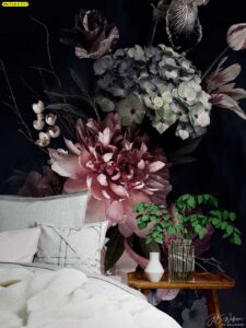 วอลเปเปอร์ภาพวาดดอกไม้สไตล์ยุโรปโทนสี Dark Moody สำหรับตกแต่งหัวเตียงห้องนอนช่วยสร้างบรรยากาศที่เงียบสงบและดูทันสมัย