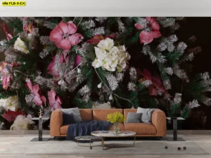 วอลเปเปอร์ลายดอกไม้ ผสมผสานใบไม้และดอกไม้สีชมพูสวยโดดเด่น ช่วยเติมความสดชื่นมีชีวิตชีวาให้กับผนังบ้าน พร้อมโทนเข้มที่เพิ่มความลึกของมิติภาพ