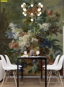 การตกแต่งห้องรับประทานอาหารด้วยวอลเปเปอร์ลายดอกไม้โทนสีเขียวธรรมชาติสไตล์ยุโรปช่วยสร้างบรรยากาศผ่อนคลายและสดชื่นขณะทานอาหาร