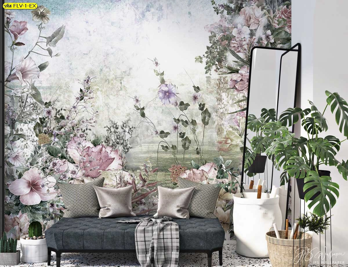 วอลเปเปอร์ภาพวาดดอกไม้หรูสีพาสเทลอ่อนโยนลายสวนดอกไม้ที่ให้ความรู้สึกผ่อนคลายและสดชื่นเหมือนอยู่ท่ามกลางธรรมชาติในยามเช้า