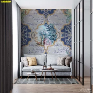วอลเปเปอร์ติดผนังห้องนั่งเล่นลายชนบทฝรั่งเศสสีน้ำเงิน วอลเปเปอร์ภาพดอกไม้กรอบคลาสสิก ให้ความรู้สึกหรูหรามีระดับ