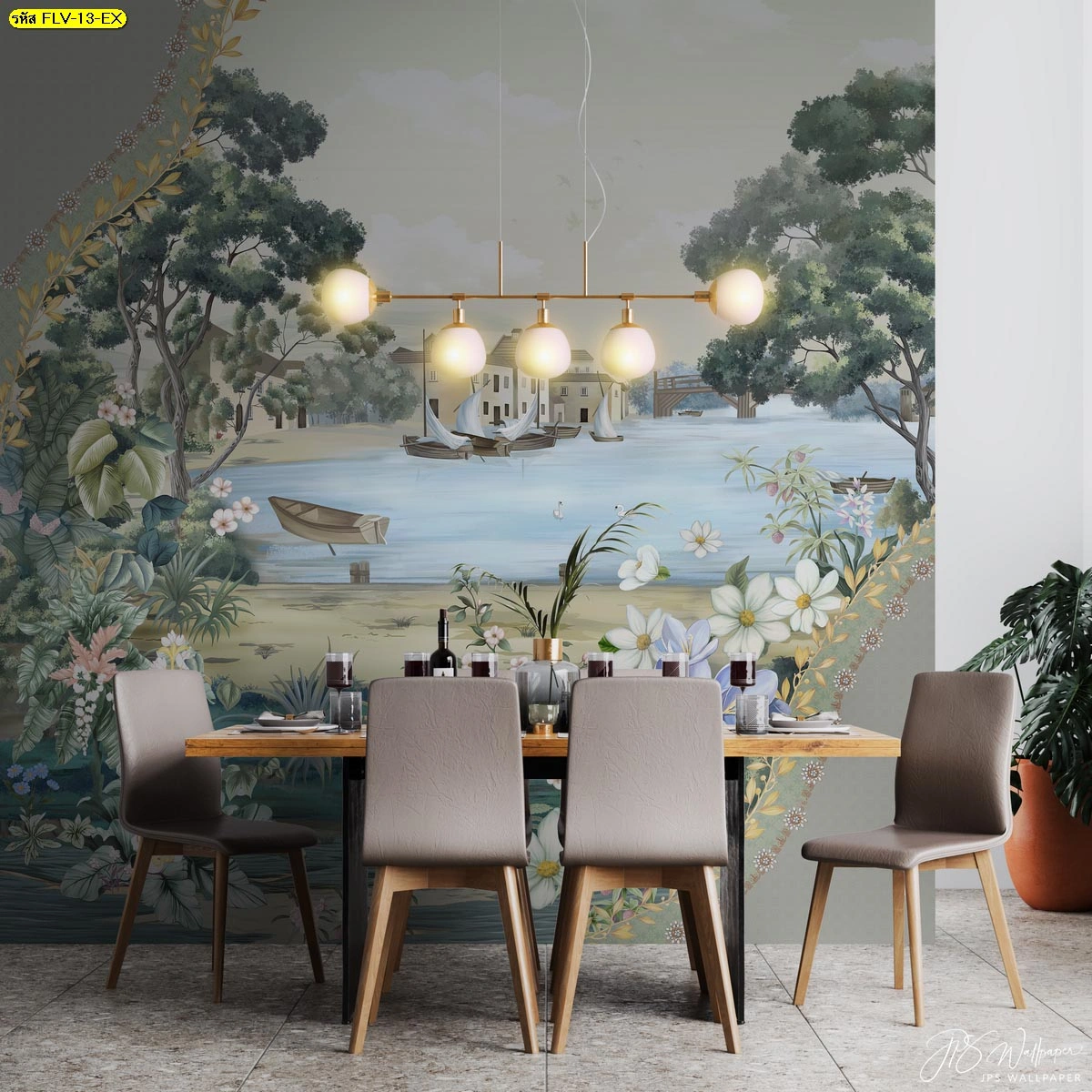 วอลเปเปอร์ภาพวาดดอกไม้หรูลายวิวทิวทัศน์ริมแม่น้ำและบ้านสไตล์ยุโรปช่วยให้ห้องรับประทานอาหารดูโปร่งสบายและมีความสุนทรีย์