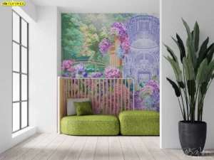 วอลเปเปอร์ภาพวิวสวนดอกไม้พิมพ์ตามขนาดผนัง ลายสวนไฮเดรนเยียสีม่วงสดใสคู่กับสถาปัตยกรรมโรมันโบราณ มอบความรู้สึกสง่างามและเงียบสงบในมุมอ่านหนังสือ