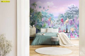 วอลเปเปอร์สั่งพิมพ์ลายป่านกแก้วและดอกไม้สีพาสเทลโทนเย็นสบายตา ตกแต่งห้องนอนให้ดูโปร่งโล่ง พร้อมนกฟลามิงโก้เพิ่มความมีชีวิตชีวาและใกล้ชิดธรรมชาติ