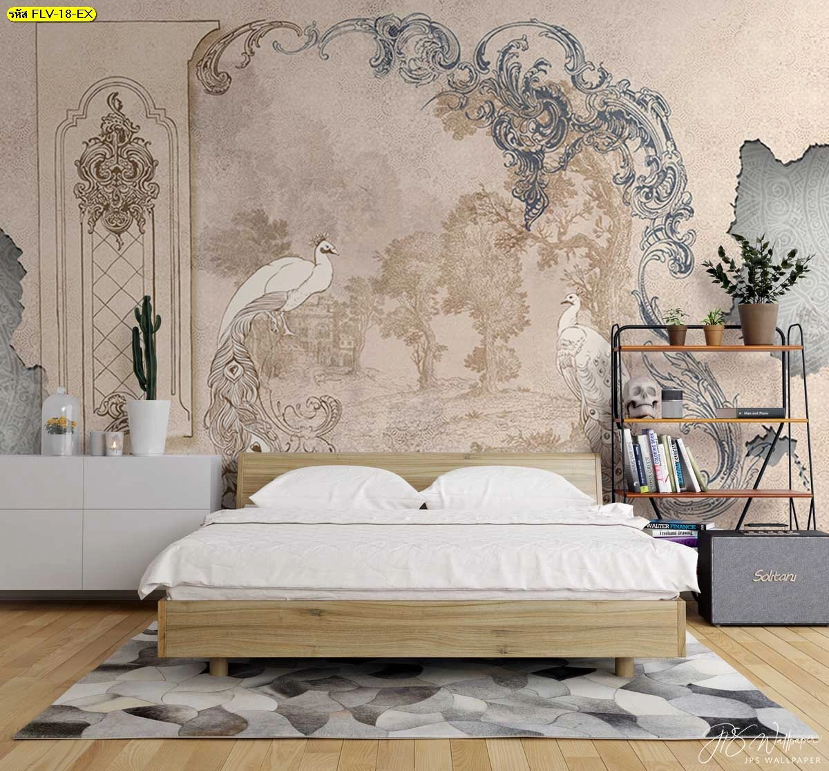 วอลเปเปอร์ศิลปะดอกไม้สำหรับโรงแรมหรูลายภาพวาดนกยูงคู่สีขาวสไตล์วินเทจช่วยเพิ่มความคลาสสิกและมนต์เสน่ห์แห่งงานศิลปะชั้นสูง