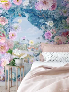 ศิลปะติดผนังลายดอกไม้ขนาดใหญ่สีชมพูหวานตัดกับพุ่มไม้สีเขียวอมฟ้าในสไตล์แฟนตาซี เปลี่ยนผนังห้องนอนเรียบง่ายให้กลายเป็นงานศิลปะชิ้นเอกที่โดดเด่น