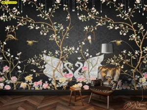 ภาพติดผนังดอกไม้ศิลปะหรูลายเส้นสีทองบนพื้นสีดำเข้มประดับด้วยรูปหงส์คู่ช่วยสร้างบรรยากาศที่ดูภูมิฐานและสง่างามในห้องนั่งเล่น