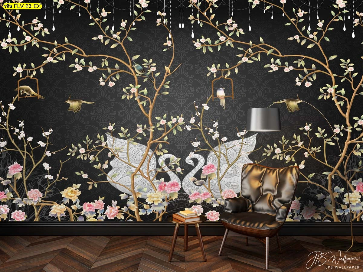 ภาพติดผนังดอกไม้ศิลปะหรูลายเส้นสีทองบนพื้นสีดำเข้มประดับด้วยรูปหงส์คู่ช่วยสร้างบรรยากาศที่ดูภูมิฐานและสง่างามในห้องนั่งเล่น