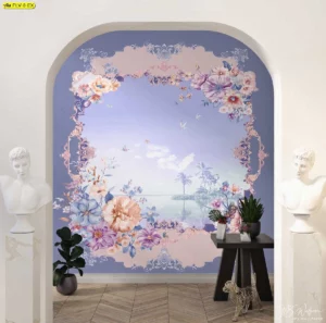 วอลเปเปอร์ภาพวิวทะเลผ่านซุ้มประตูดอกไม้สีม่วงพาสเทล วอลเปเปอร์ภาพดอกไม้กรอบคลาสสิก เพิ่มมิติความลึกให้ห้อง