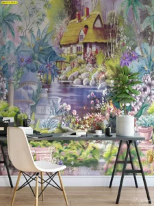 วอลเปเปอร์ติดผนังลายกระท่อมกลางป่าแฟนตาซีและลำธารน้ำใส บรรยากาศร่มรื่นเขียวขจี ช่วยสร้างมิติความลึกให้ห้องดูเป็นธรรมชาติ เหมาะสำหรับมุมพักผ่อนในบ้าน