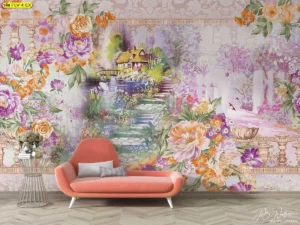 ภาพพิมพ์ตกแต่งผนังลายทางเดินในสวนดอกไม้สีส้มและม่วง นำสายตาสู่กระท่อมหลังน้อยในป่าลึกลับ เหมาะสำหรับติดหลังโซฟาเพื่อเพิ่มความกว้างและจุดเด่นให้ห้อง
