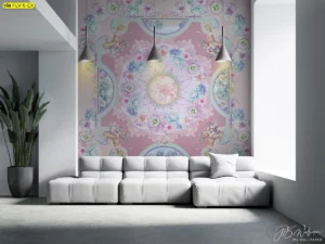 ภาพพิมพ์ติดผนังลายมันดาลาสีชมพูหวานแหวว ตกแต่งผนังหัวเตียง วอลเปเปอร์แต่งห้องสไตล์วินเทจหรูหรา ลายละเอียดคมชัด