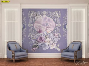 วอลเปเปอร์ลายสถาปัตยกรรมยุโรปฤดูหนาวในกรอบดอกไม้สีม่วง วอลเปเปอร์ภาพดอกไม้กรอบคลาสสิก เหมาะสำหรับมุมพักผ่อน