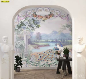 ภาพติดผนังขนาดใหญ่ลายนกยูงในสวนดอกไม้ วอลเปเปอร์ภาพวิวกรอบซุ้มโค้งยุโรป เสริมฮวงจุ้ยและความสวยงามให้มุมห้อง