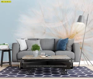 วอลเปเปอร์ลายดอกหญ้าแดนดิไลออนขนาดใหญ่บนพื้นหลังสีฟ้าอ่อน ดูฟุ้งฝันและเบาสบาย เหมาะสำหรับตกแต่งมุมอ่านหนังสือหรือห้องนั่งเล่น