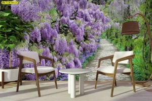 ภาพติดผนังขนาดใหญ่ อุโมงค์ดอกวิสทีเรียสีม่วงห้อยระย้าสวยงามตามทางเดินหิน สร้างบรรยากาศโรแมนติกให้มุมนั่งเล่นในบ้าน