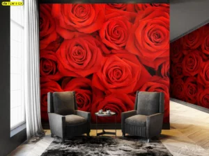 วอลเปเปอร์ลายดอกกุหลาบแดงเต็มผนังสำหรับตกแต่งห้องรับแขก ช่วยสร้างจุดเด่นที่ดูหรูหราและโรแมนติกด้วยงานพิมพ์คุณภาพสูงสีสดชัด
