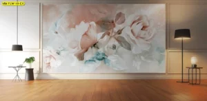 ภาพวาดสีน้ำมันลายดอกกุหลาบสีครีมและสีโอรสขนาดใหญ่ งานศิลปะลายเส้นพริ้วไหวสวยงามหรูหรา สำหรับตกแต่งผนังห้องให้ดูมีระดับแบบคลาสสิก