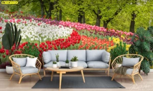 วอลเปเปอร์วิวสวนดอกไม้ ทุ่งทิวลิปหลากสีแดงขาวและชมพู ตกแต่งผนังหลังโซฟาในห้องรับแขกสไตล์โมเดิร์น เพิ่มความสดชื่น